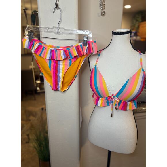 California Waves Swim California Waves Aruba Striped Ruffle Triangle Bikini XL - Picture 2 of 8
